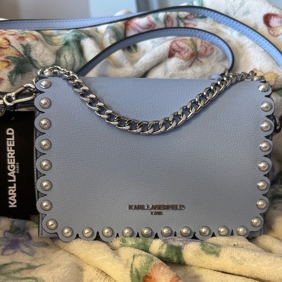 Karl Lagerfeld Handbags - Karl Lagerfeld Sky Blue Crossbody Bag with Pearl and Silver Accents